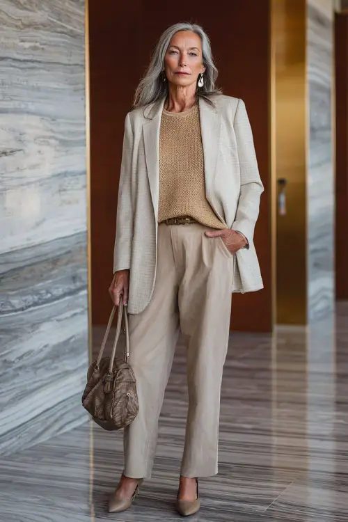 Full-body shot of a woman over 55 wearing a longline blazer over a knit top, straight-leg trousers, and pointed flats, sophisticated business casual outfit