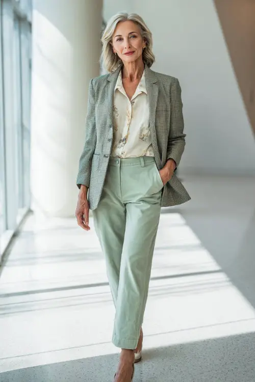 Full-body shot of a woman over 55 wearing a tailored blazer over a soft blouse, straight-leg trousers, and low block heels, refined business casual outfit 