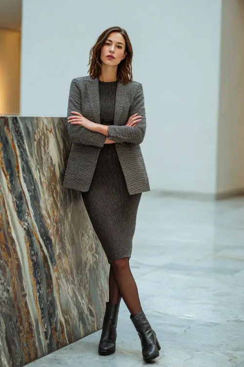 Full-body shot of a woman wearing a long-sleeve knit midi dress layered with a tailored wool blazer