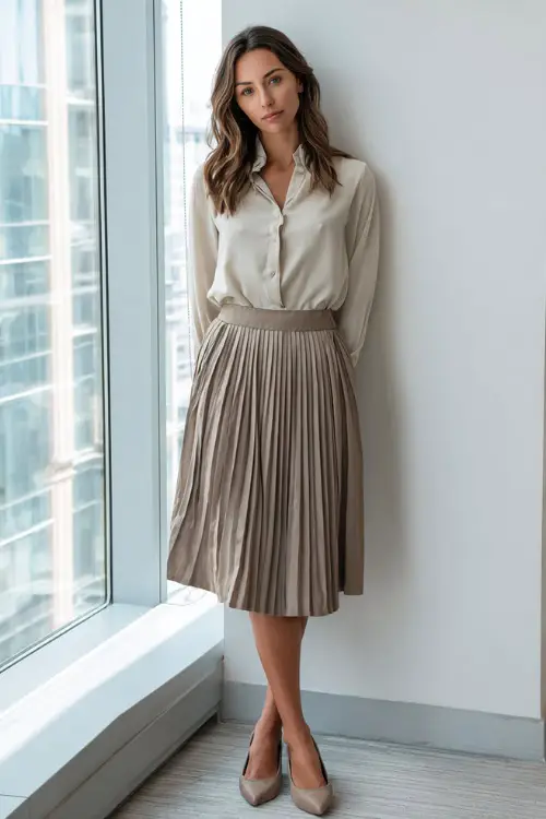 Full-body shot of a woman wearing a neutral-toned blouse tucked into a midi pleated skirt with simple flats, easy and polished business casual look, bright indoor office space 