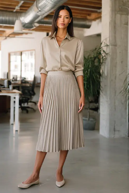 Full-body shot of a woman wearing a neutral-toned blouse tucked into a midi pleated skirt with simple flats, easy and polished business casual look, bright indoor office space 