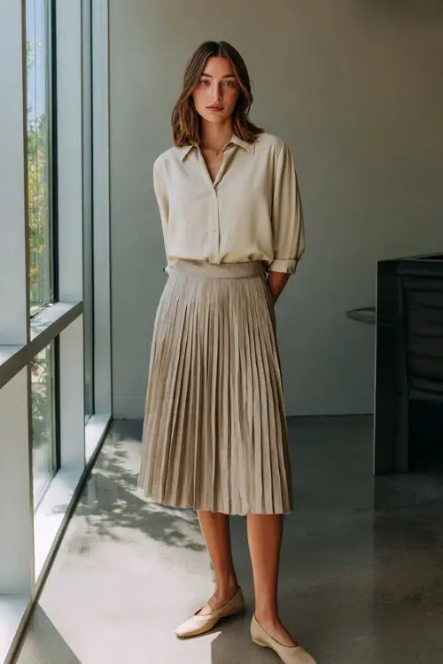 Full-body shot of a woman wearing a neutral-toned blouse tucked into a midi pleated skirt with simple flats, easy and polished business casual look, bright indoor office space