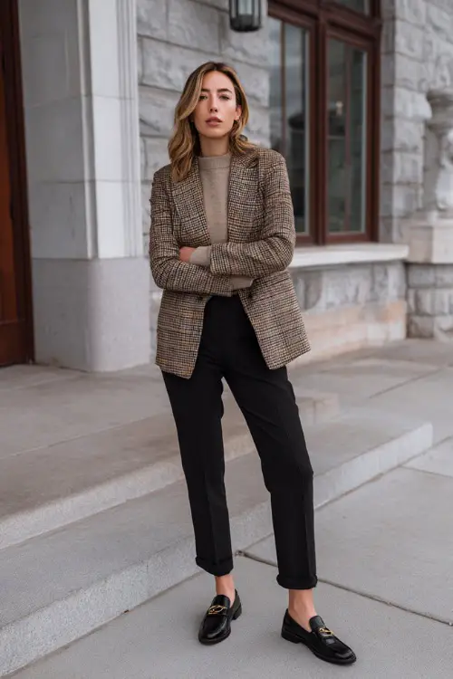 Full-body shot of a woman wearing a plaid blazer paired with a lightweight sweater, tailored pants, and loafers, polished winter business casual look 