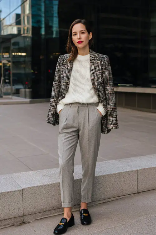 Full-body shot of a woman wearing a plaid blazer paired with a lightweight sweater, tailored pants, and loafers, polished winter business casual look
