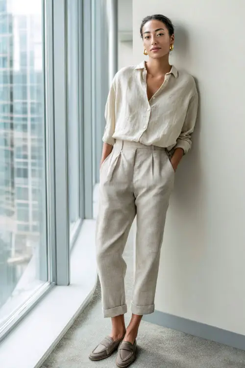 Full-body shot of a woman wearing a relaxed linen button-down shirt tucked into ankle-length tailored trousers with minimalist loafers, simple business casual outfit 