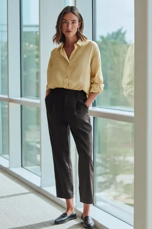 Full-body shot of a woman wearing a relaxed linen button-down shirt tucked into ankle-length tailored trousers with minimalist loafers, simple business casual outfit 