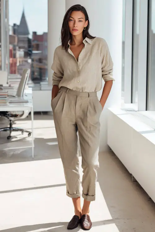 Full-body shot of a woman wearing a relaxed linen button-down shirt tucked into ankle-length tailored trousers with minimalist loafers, simple business casual outfit