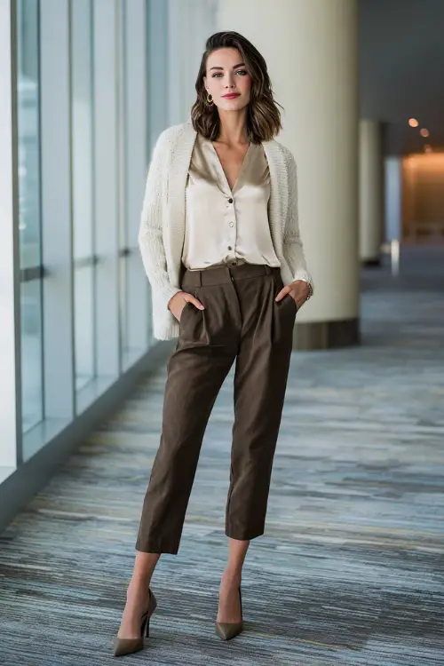 Full-body shot of a woman wearing a structured cardigan over a satin blouse, ankle-length tailored trousers, and pointed-toe heels, chic business casual outfit for office parties (