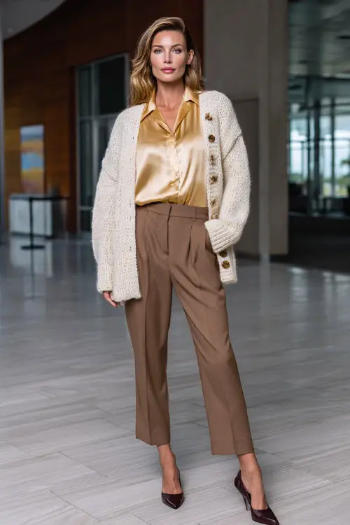 Full-body shot of a woman wearing a structured cardigan over a satin blouse, ankle-length tailored trousers, and pointed-toe heels, chic business casual outfit for office parties 