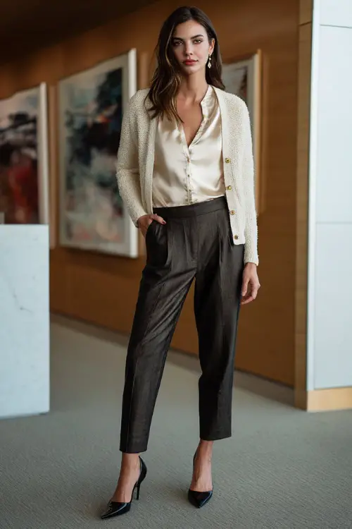Full-body shot of a woman wearing a structured cardigan over a satin blouse, ankle-length tailored trousers, and pointed-toe heels, chic business casual outfit for office parties