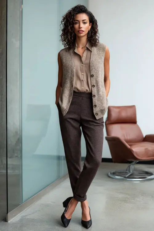 Full-body shot of a woman wearing a structured cardigan over a sleeveless blouse, slim-fit trousers, and block-heel shoes, refined business casual workwear 