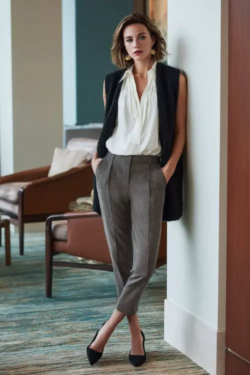 Full-body shot of a woman wearing a structured cardigan over a sleeveless blouse, slim-fit trousers, and block-heel shoes, refined business casual workwear