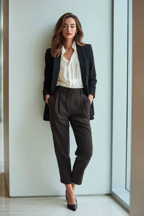 Full-body shot of a woman wearing a tailored blazer over a silk blouse, high-waisted straight-leg trousers, and pointed-toe heels, classy business casual outfit