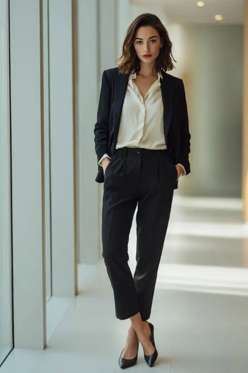 Full-body shot of a woman wearing a tailored blazer over a silk blouse, straight-leg trousers, and pointed-toe flats, classic business casual work outfit