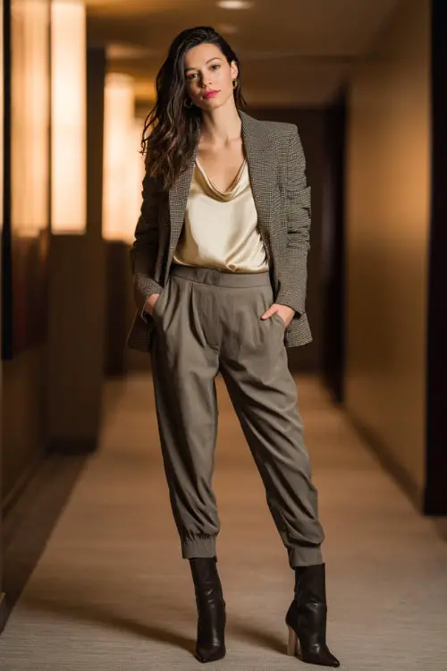 Full-body shot of a woman wearing a tailored blazer over a silky camisole, high-waisted trousers, and heeled ankle boots, business casual party outfit