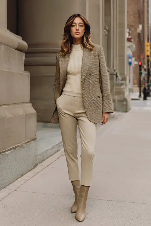 Full-body shot of a woman wearing a tailored wool blazer layered over a fitted knit sweater, straight-leg trousers, and ankle boots, winter business casual style 