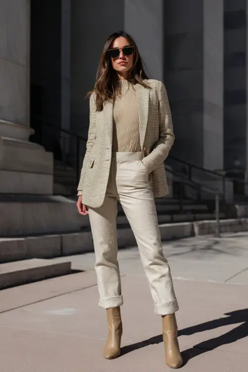 Full-body shot of a woman wearing a tailored wool blazer layered over a fitted knit sweater, straight-leg trousers, and ankle boots, winter business casual style