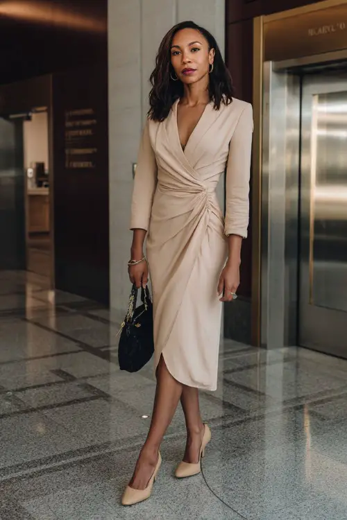 Full-body view of a Black woman styled in a midi wrap dress layered with a fitted blazer and block-heel pumps, elegant business casual look, professional office lobby setting 