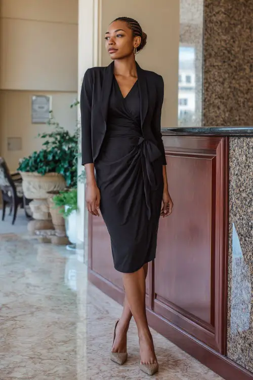 Full-body view of a Black woman styled in a midi wrap dress layered with a fitted blazer and block-heel pumps, elegant business casual look, professional office lobby setting