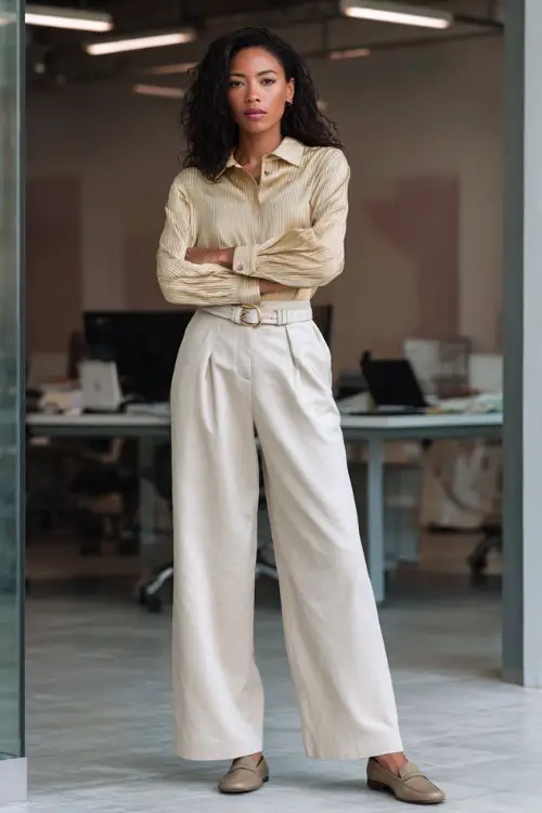 Full-body view of a Black woman styled in wide-leg trousers with a belted blouse and classic loafers, confident business casual office look, contemporary workspace interior 