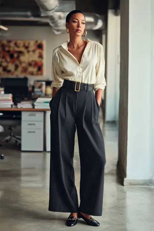 Full-body view of a Black woman styled in wide-leg trousers with a belted blouse and classic loafers, confident business casual office look, contemporary workspace interior