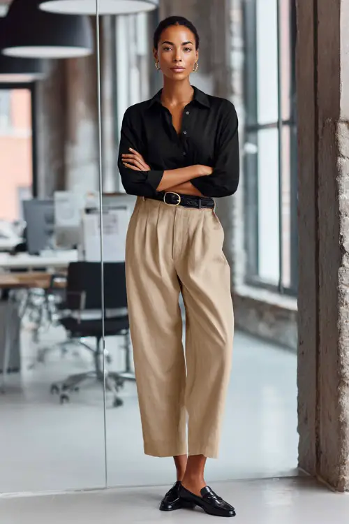 Full-body view of a Black woman styled in wide-leg trousers with a belted blouse and classic loafers, confident business casual office look