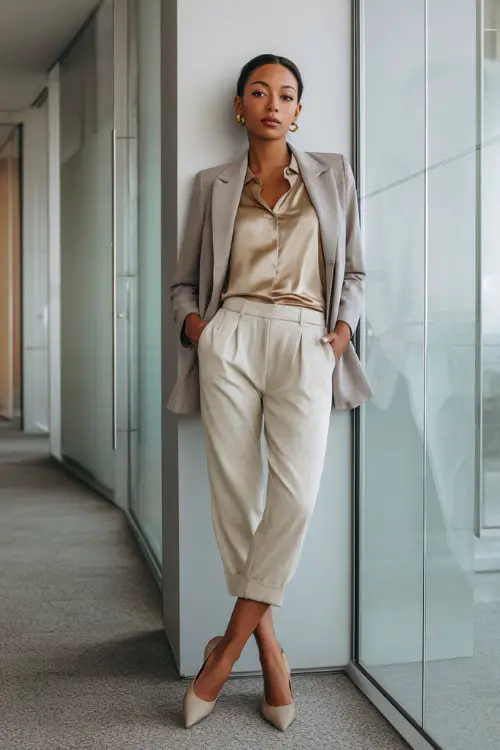 Full-body view of a Black woman wearing a neutral-toned blazer over a satin-style blouse, cropped tailored trousers, and pointed flats, elevated business casual aesthetic 