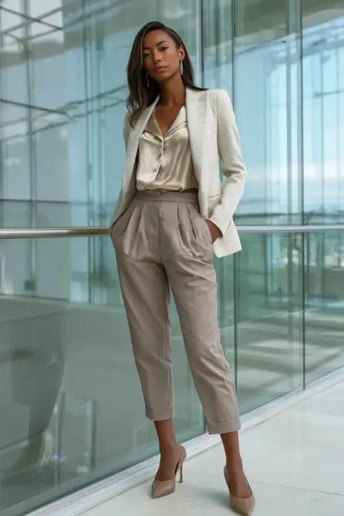 Full-body view of a Black woman wearing a neutral-toned blazer over a satin-style blouse, cropped tailored trousers, and pointed flats, elevated business casual aesthetic