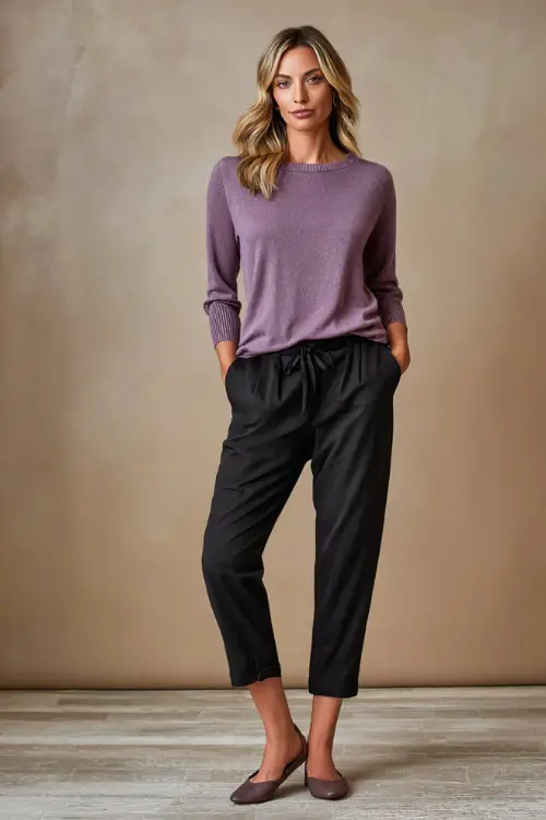 Full-body view of a woman over 40 styled in a lightweight knit top paired with ankle-length trousers and ballet flats, easy casual business casual look, contemporary workspace background 