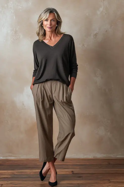 Full-body view of a woman over 40 styled in a lightweight knit top paired with ankle-length trousers and ballet flats, easy casual business casual look, contemporary workspace background 