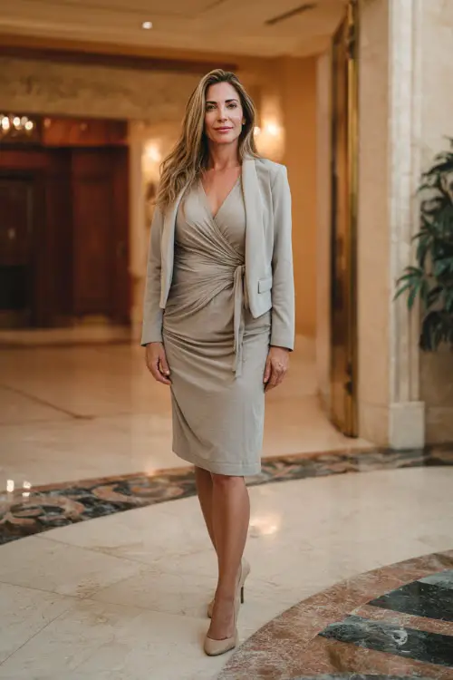 Full-body view of a woman over 40 styled in a midi wrap dress layered with a lightweight blazer and block-heel pumps, elegant business casual look, professional office lobby setting