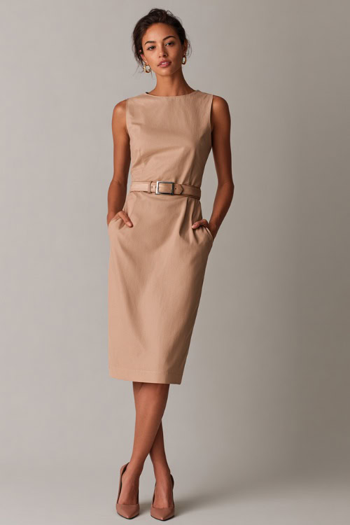Full-body view of a woman over 40 styled in a sheath midi dress with a belt and classic flats, effortless business casual look, minimalist professional background 