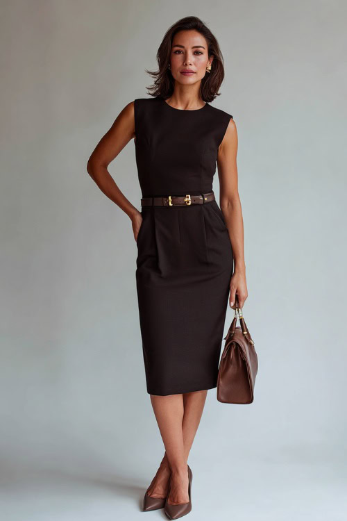 Full-body view of a woman over 40 styled in a sheath midi dress with a belt and classic flats, effortless business casual look, minimalist professional background