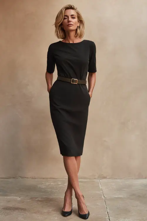 Full-body view of a woman over 40 styled in a sheath midi dress with a belt and classic flats, effortless business casual look, minimalist professional background