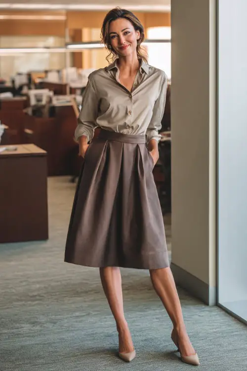 Full-body view of a woman over 40 wearing a knee-length A-line skirt paired with a tucked-in blouse and low block heels, classic business casual style 