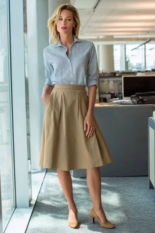 Full-body view of a woman over 40 wearing a knee-length A-line skirt paired with a tucked-in blouse and low block heels, classic business casual style