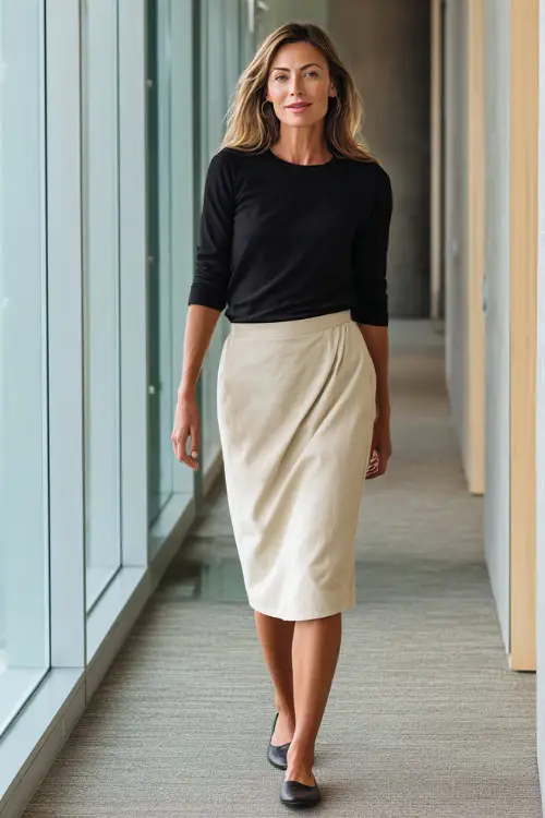 Full-body view of a woman over 40 wearing a plain midi skirt with a tucked-in knit top and simple flats, understated casual business casual look, modern indoor office environment