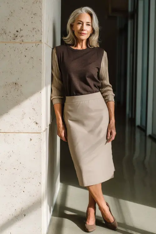Full-body view of a woman over 50 styled in a fine-knit long-sleeve top layered under a sleeveless midi dress, finished with classic flats, modern layered business casual look 