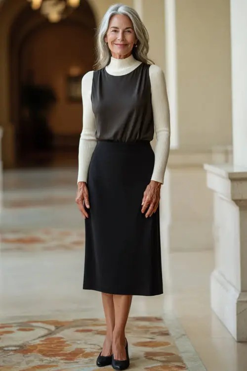 Full-body view of a woman over 50 styled in a fine-knit long-sleeve top layered under a sleeveless midi dress, finished with classic flats, modern layered business casual look