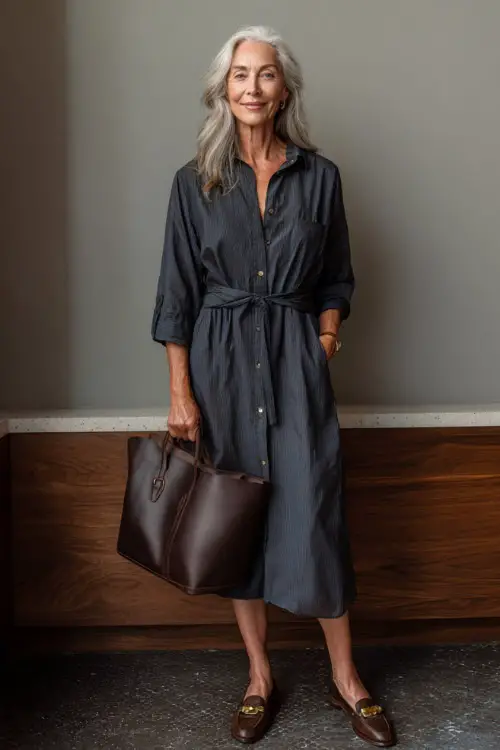 Full-body view of a woman over 50 styled in a midi shirt dress cinched at the waist, paired with classic loafers and a structured tote, relaxed yet polished business casual look