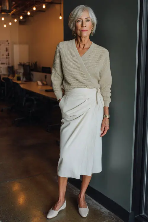 Full-body view of a woman over 50 styled in a wrap midi skirt paired with a lightweight sweater and ballet flats, comfortable and professional business casual look