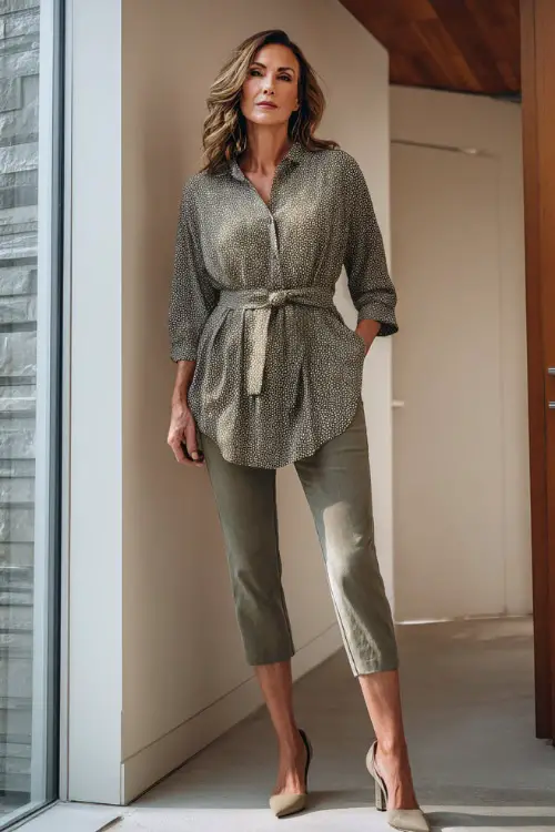 Full-body view of a woman over 50 wearing a belted tunic top with slim-fit ankle pants and low block heels, practical yet chic business casual style, modern professional interior