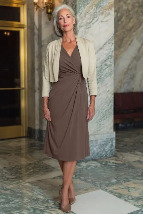 Full-body view of a woman over 55 styled in a midi wrap dress layered with a lightweight blazer and classic pumps, polished business casual look, professional office lobby background 