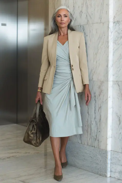 Full-body view of a woman over 55 styled in a midi wrap dress layered with a lightweight blazer and classic pumps, polished business casual look, professional office lobby background