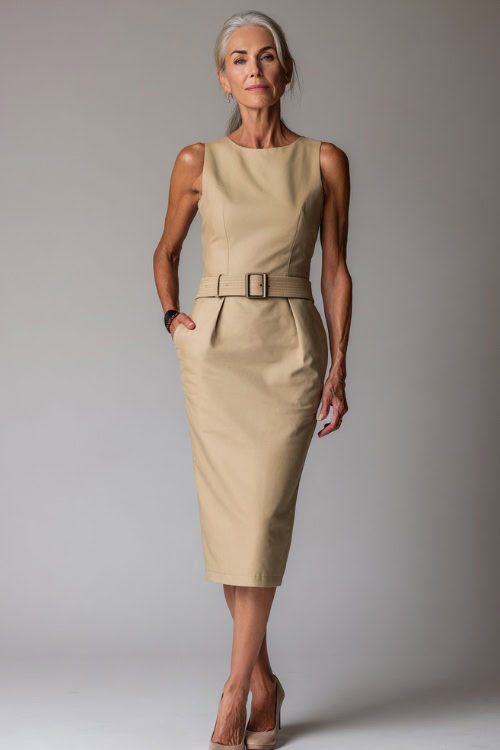 Full-body view of a woman over 55 styled in a sheath midi dress with a belt and classic flats, effortless business casual look, minimalist professional background 