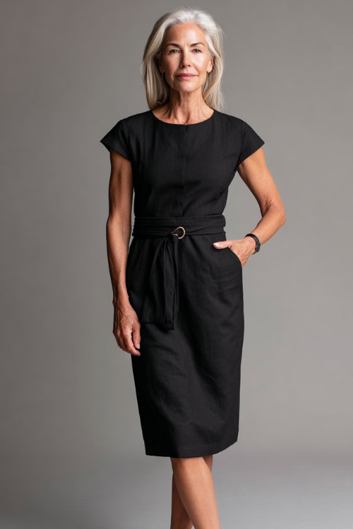 Full-body view of a woman over 55 styled in a sheath midi dress with a belt and classic flats, effortless business casual look, minimalist professional background 