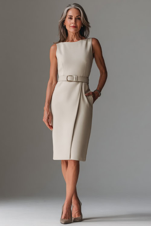Full-body view of a woman over 55 styled in a sheath midi dress with a belt and classic flats, effortless business casual look, minimalist professional background