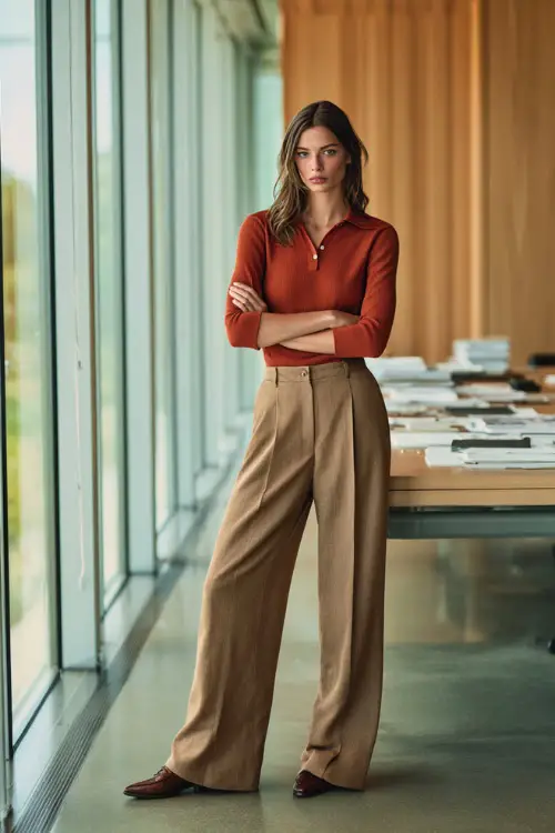 Full-body view of a woman styled in a fine-knit polo top with wide-leg trousers and loafers, relaxed professional aesthetic, contemporary workspace interior 