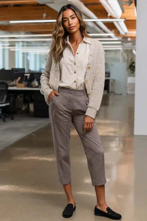 Full-body view of a woman styled in a fitted cardigan layered over a button-down shirt, ankle-length tailored pants, and loafers