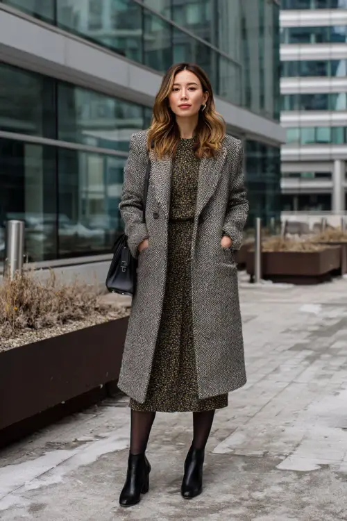 Full-body view of a woman styled in a long structured coat over a midi dress with tights and block-heel boots, elegant winter business casual outfit, minimal accessories 